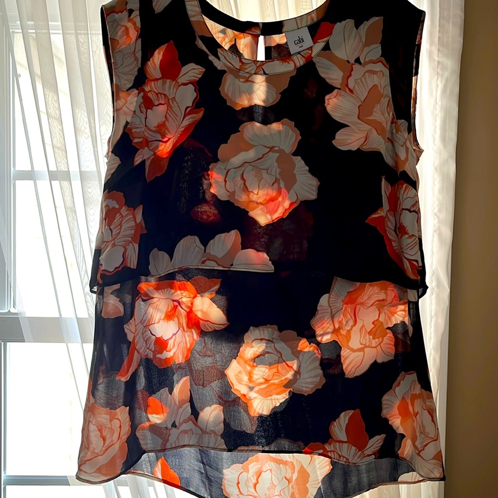 CAbi Black and Orange Floral Top